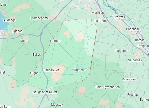 Gironde : carte des communes du Barp, Belin-Béliet et Hostens. Carte de Gironde : périmètre autour du Barp, Belin-Béliet et Hostens, près de Salles et Mios. Villes visibles : La Brède, Sauternes, Garonne.